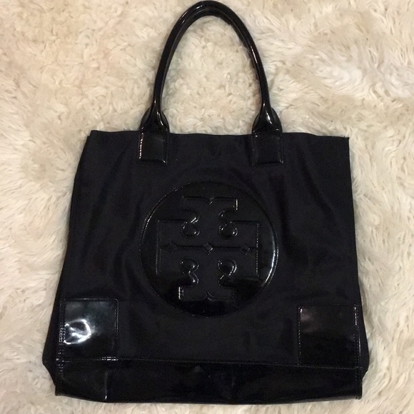 tory burch ella patent tote black
